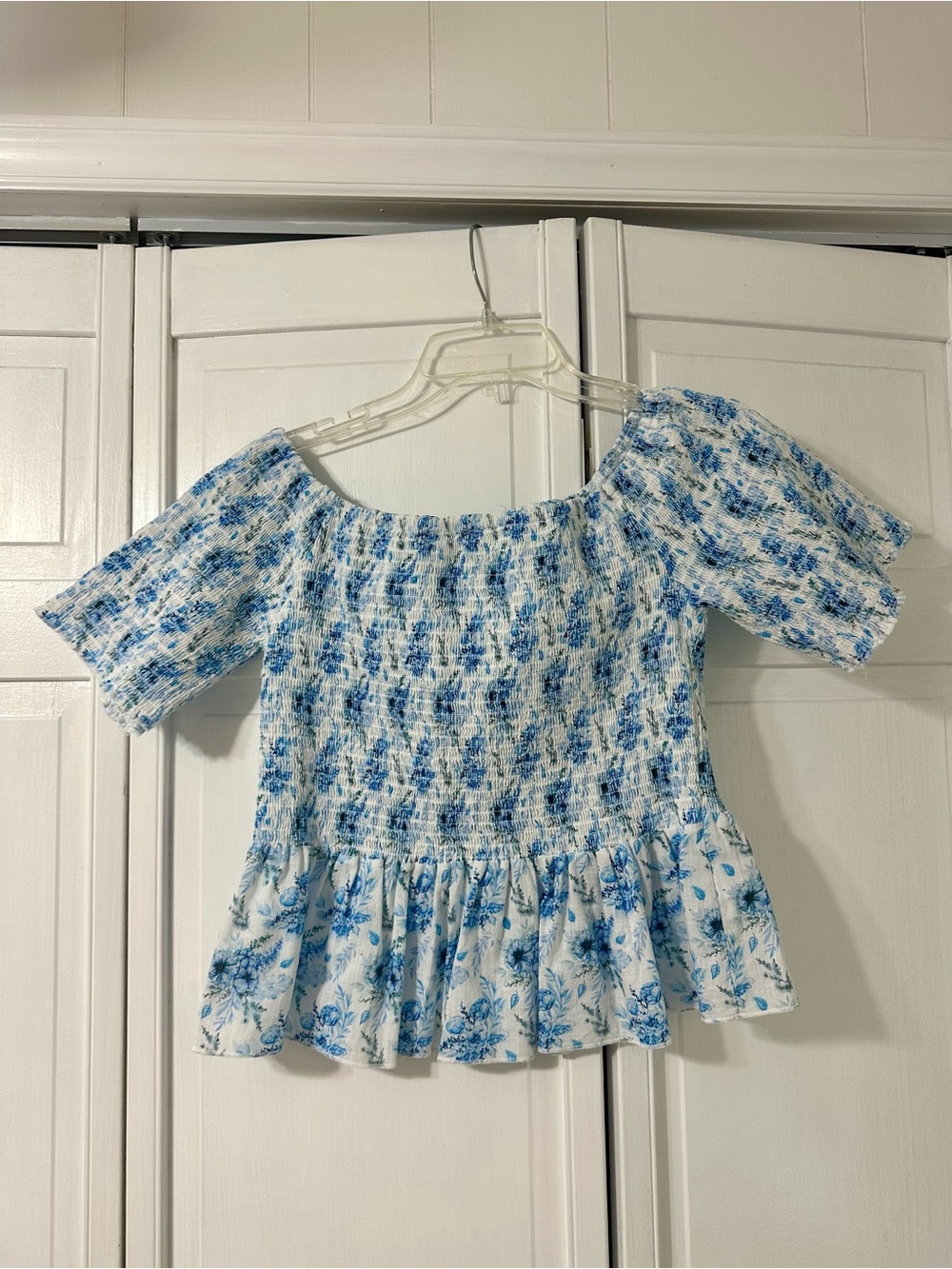 Blue Floral Smocked Peplum Blouse - Women